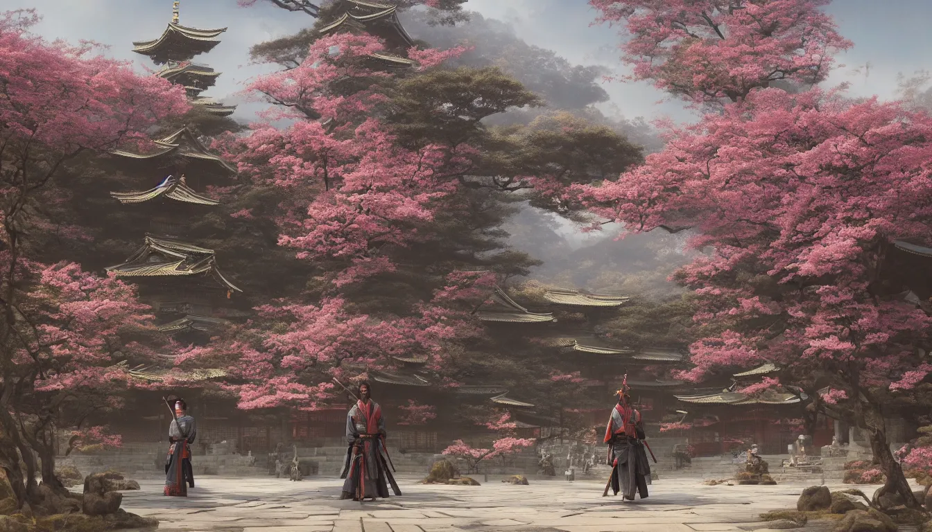 Prompt: a detailed matte painting of a Samurai holding a katana, Shinto temple in the background, Sakura garden, art by Greg Rutkowski, highly detailed, 8k