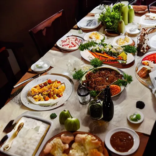 Prompt: a banquet table filled with food made out of hair and fur