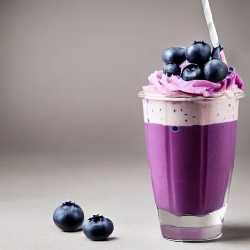 Prompt: delicious looking blueberry milkshake, blueberries on the side, whipped cream on top, milkshake glass, 8 k resolution, professional food photography, studio lighting, sharp focus, center frame, hyper - detailed