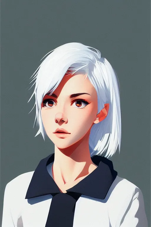 Image similar to a cute girl with cut to shoulder white hair wearing school uniform, strong brush stroke, sharp focus, illustration, morandi color scheme, art station, by ilya kuvshinov