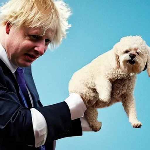 Prompt: dog holding a gun, aiming at boris johnson