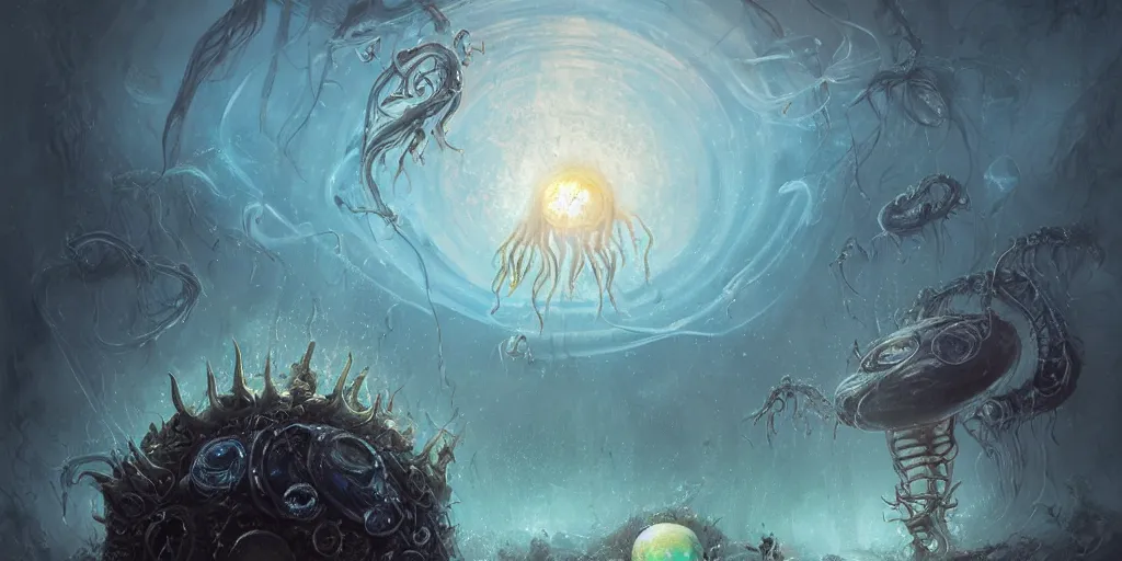 Prompt: concept art of giant translucent glowing jellyfishes, lovecraftian divers helmet, lots of teeth, melting horror, round moon, rich clouds, fighting the horrors of the unknown, high resolution, very detailed, volumetric light, mist, grim, fine art, decaying, textured oil over canvas, epic fantasy art, very colorful, ornate, anato finnstark