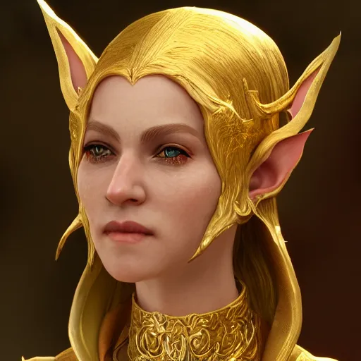 Image similar to portrait of an elven princess dressed in golden clothes, digital art, highly detailed, award winning, concept art, intricate, sharp focus, Trending on Artstation HQ, unreal engine 5, 4K UHD image