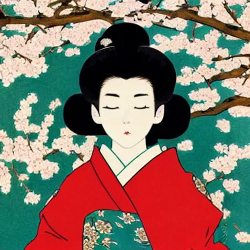 Image similar to A beautiful installation art of a young woman in a traditional kimono, with a background of sakura blossoms. emerald by Osamu Tezuka