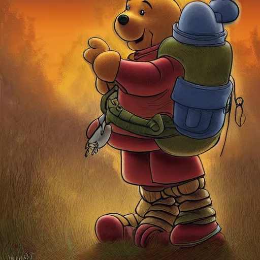 Prompt: Apocalyptic warrior winnie the pooh,digital art, highly detailed