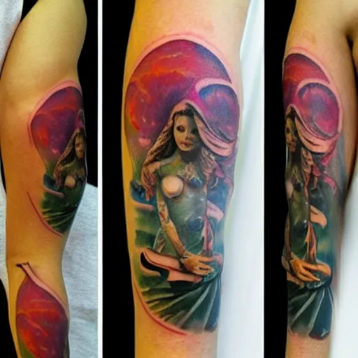 Image similar to tattoo ideas of venus in the pouring rain, color restoration