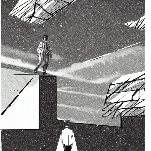 Image similar to manga illustration, two men standing at the edge of reality, dynamic perspective, y 2 k, unknown