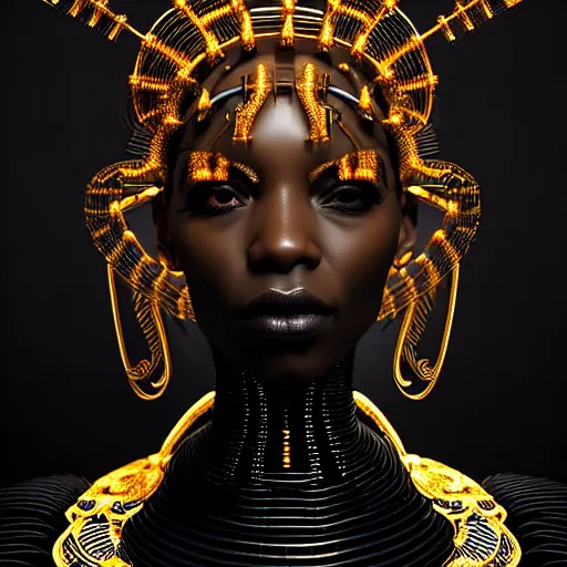 Prompt: portrait of an absurdly beautiful, graceful, sophisticated, fashionable black cyberpunk mechanoid gravure idol, hyperdetailed illustration by irakli nadar, maria borges, matt wisniewski style, intricate linework, dark black skin, golden jellyfish headdress, ivory carved ruff, unreal engine 5 highly rendered, global illumination, red light, detailed and intricate environment