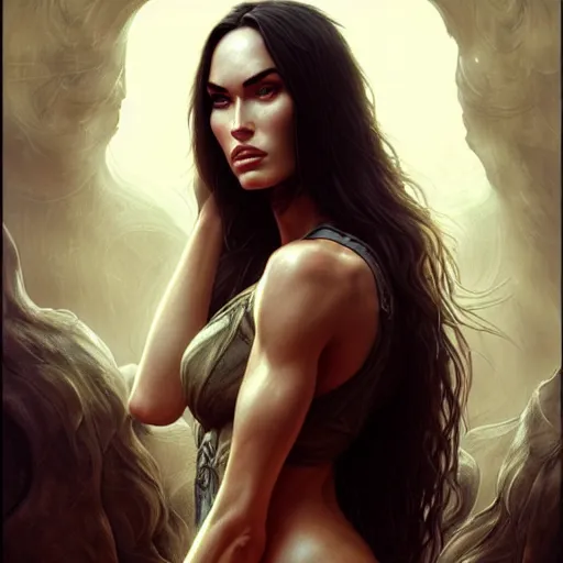 Image similar to portrait of megan fox, muscular upper body, fantasy, intricate, elegant, highly detailed, digital painting, artstation, concept art, matte, sharp focus, illustration, art by aenaluck and roberto ferri and greg rutkowski, epic fantasy, digital painting