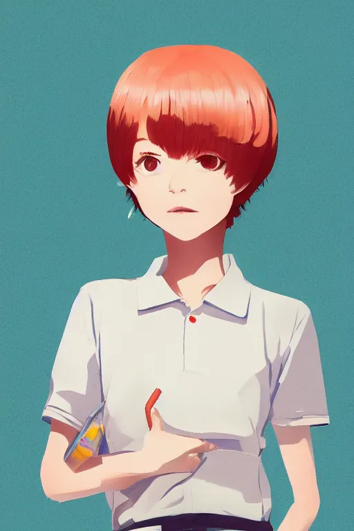 Image similar to a cute girl with shoulder - length white short hair wearing school uniform, cold color background, warm color clothes, sharp focus, pure background color, illustration, morandi color scheme, art station, by ilya kuvshinov