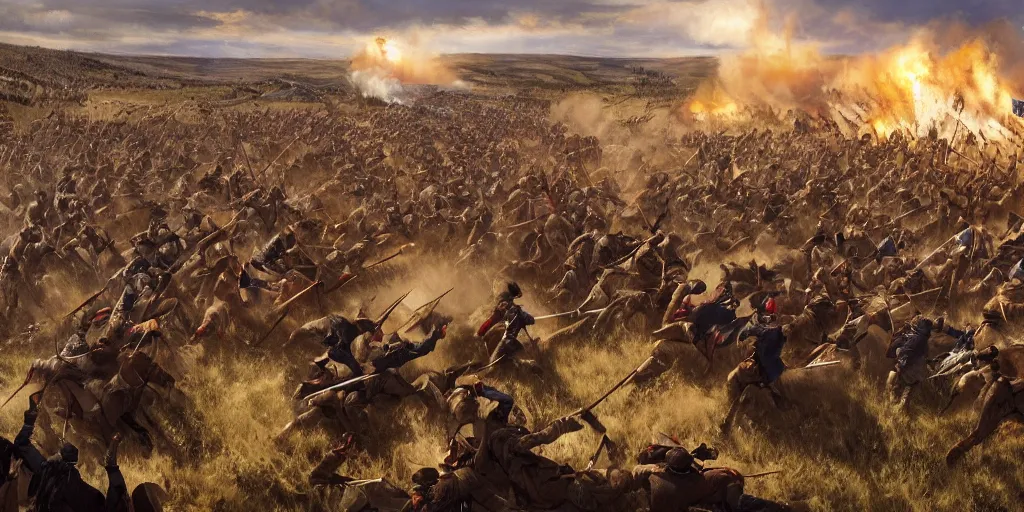 Image similar to wide - angle action shot from the battle of little bighorn ( 1 8 7 6 ), majestic action, cinematic lighting, dramatic lighting, hyperdetailed, artstation, cgsociety, 8 k, imax 7 0 mm