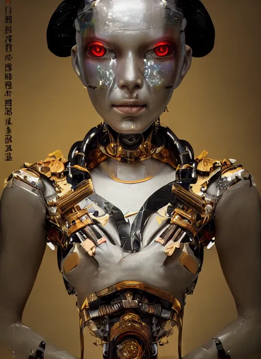 Image similar to portrait of a futuristic geisha cyborg, kintsugi, modern fine art, fractal, intricate, elegant, highly detailed, digital photography, subsurface scattering, by jheronimus bosch and greg rutkowski,