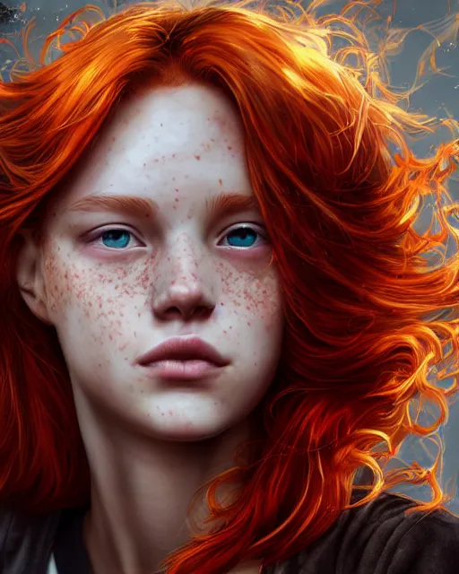 Image similar to portrait of 1 4 - year - old girl with flaming red hair, a lot of freckles, and bright brown eyes, wearing shirt, hyper realistic face, beautiful eyes, character art, art by mark brooks, hyperdetailed, cryengine, trending on artstation, digital art