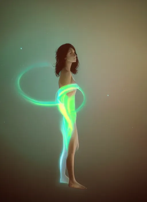 Image similar to female floating, bright glowing aura, astral projection, long exposure, film grain, cinematic lighting, trending on cgsociety, 4 k