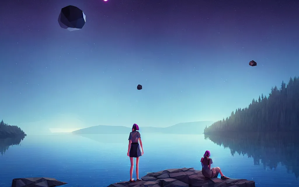 Prompt: girl staring at a meteorite hitting a calm lake at night by wlop, low poly art, ultra detailed color art, high detail, digital art