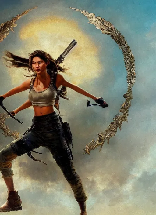 Image similar to Lara Croft posing in a crop top, golden hour, Lilia Alvarado, Sophie Anderson, Mark Arian, Bob Byerley, Charlie Bowater, Mark Brooks, Steve Henderson, Justin Gerard, Arthur Hughes, Edward Robert Hughes, Mark Keathley, Victor Nizovtsev, Carlos Shwabe, Ross Tran, WLOP