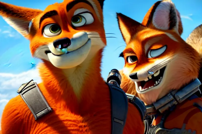 Image similar to nick wilde ( from zootopia ), heavily armed and armored facing down armageddon in a dark and gritty reboot from the makers of mad max : fury road