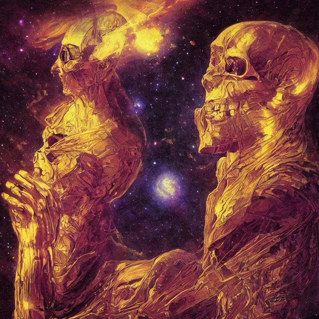 Image similar to intense glowing egyptian mummy god with ancient bandages and intense black eyes with a skull in very dark cosmic nebula by artgerm and beksinski and alphonse mucha, portrait, fantasy, clear, light beams, lens flare, intense, pharoah, uhd, amazing depth, cinematic lighting, black and purple and shining gold