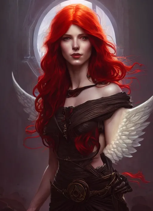 Image similar to a beautiful red haired woman as the angel of death, deep focus, d & d, fantasy, intricate, elegant, highly detailed, digital painting, artstation, concept art, matte, sharp focus, illustration, hearthstone, art by artgerm and greg rutkowski and alphonse mucha