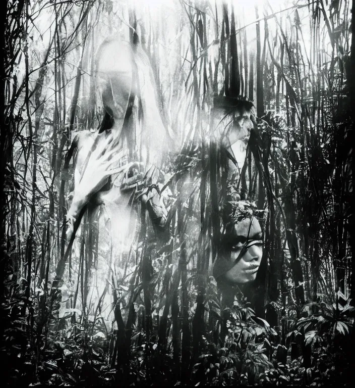 Image similar to a female model with long black hair, emerging from a dense misty jungle wearing camouflage by yohji yamamoto, in the style of daido moriyama, 3 5 mm film, camera obscura, double exposure