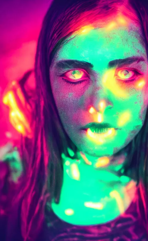 Prompt: grungy woman crying glowing neon paint, dark, horror, cinematic, Sony a7R IV, symmetric balance, polarizing filter, Photolab, Lightroom, 4K, Dolby Vision, Photography Award