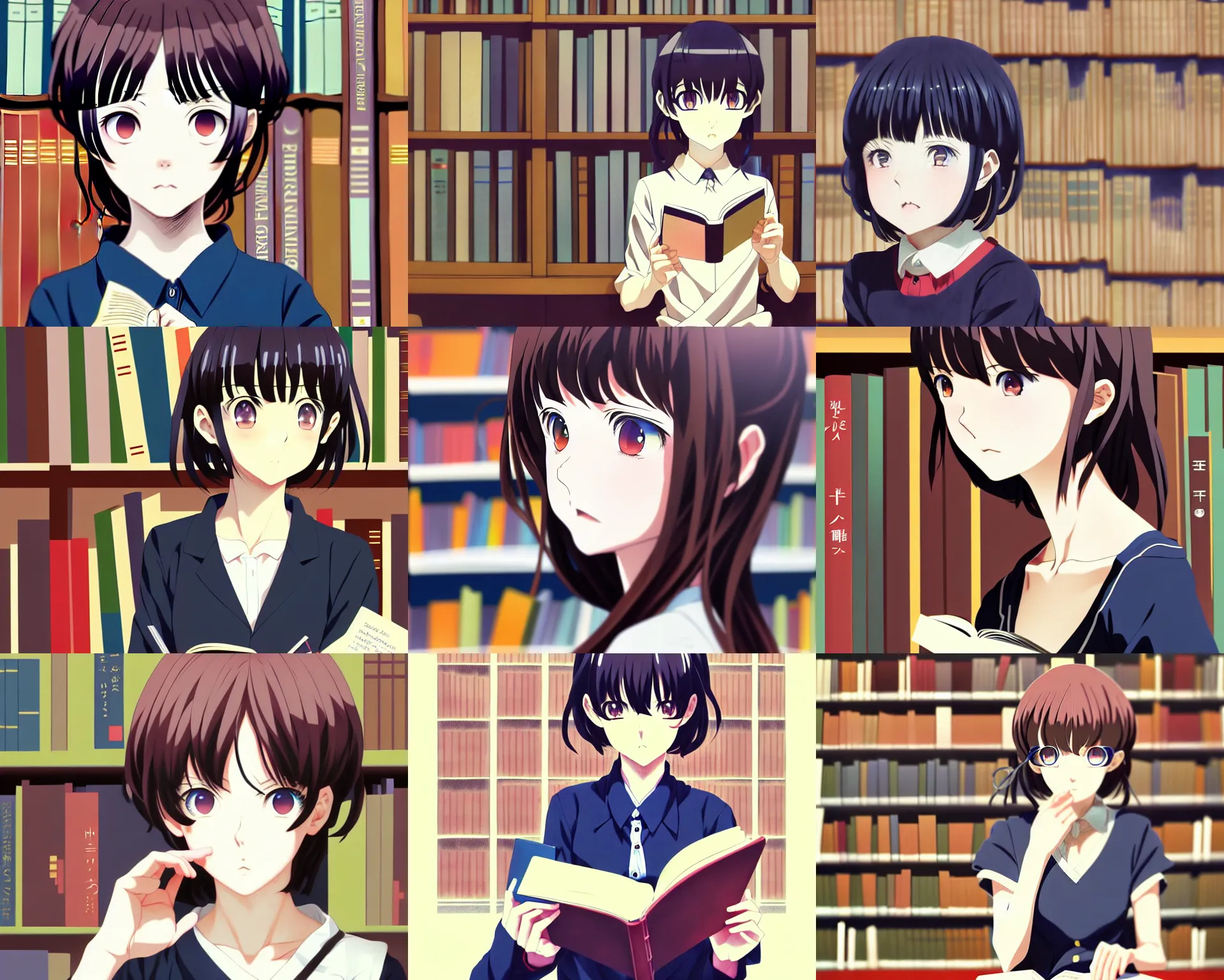 Prompt: anime visual, portrait of a curious young woman in a library interior reading, cute face by ilya kuvshinov, yoh yoshinari, dynamic pose, dynamic perspective, cel shaded, flat shading mucha, rounded eyes, moody, psycho pass, kyoani