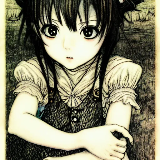 Prompt: photo of a cute young anime-style girl in the style of Arthur Rackham, realistic, wide focus, 8k ultra, insanely detailed, intricate, elegant, art by Laurie Lipton