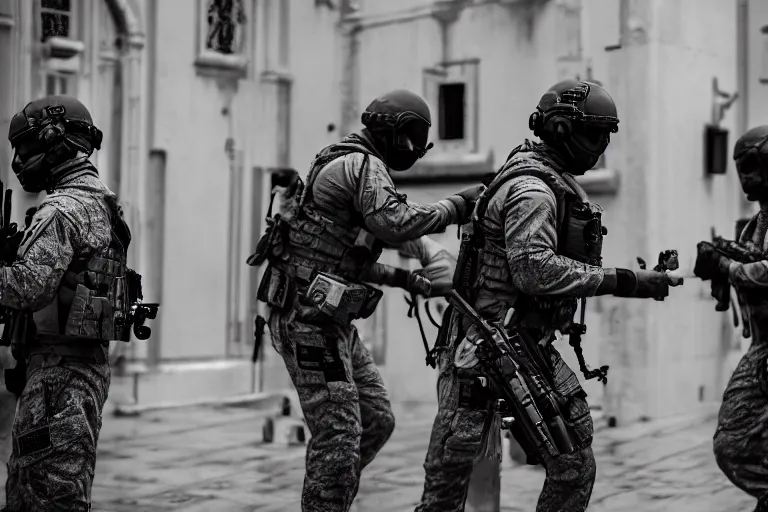 Image similar to Mercenary Special Forces soldiers in grey uniforms with black armored vest and black helmets fighting inside a mansion in 2022, Canon EOS R3, f/1.4, ISO 200, 1/160s, 8K, RAW, unedited, symmetrical balance, in-frame, combat photography