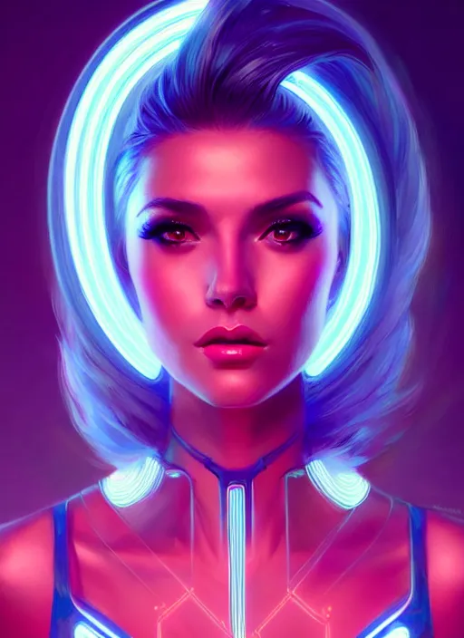 Image similar to portrait of female humanoid from 6 0 s era, intricate, elegant, cyber neon lights, highly detailed, digital painting, artstation, glamor pose, concept art, smooth, sharp focus, illustration, art by artgerm and greg rutkowski