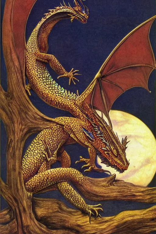 Image similar to beautiful dragon with the moonlight shining on its scales | bejeweled lizard | pre-Raphaelites | Evelyn De Morgan and John Waterhouse | medieval painting | rich colors