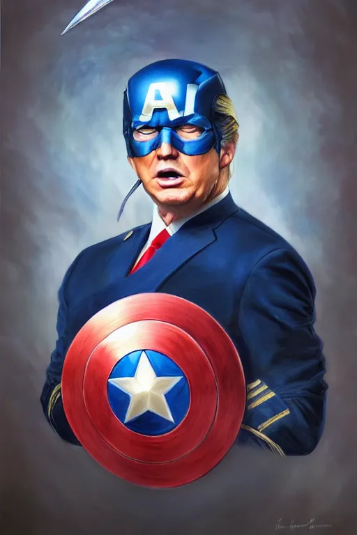 Image similar to hyperrealistic painting of Donald Trump as Captain America, D&D, fantasy, photorealism, accurate depiction, intricate, elegant, highly detailed, digital painting, post processing, extremely detailed, face symmetry, artstation, concept art, matte, smooth, sharp focus, illustration, art by Artgerm and Greg Rutkowski and Alphonse Mucha, oil painting, 8k