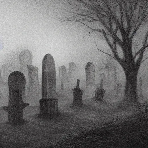 Image similar to an endless eerie graveyard with ancient tombstones, misty, thick strands of fog, catacomb in background, frame is flanked by dark trees, a shadowy ghostlike creature is visible, creepy, night, finely detailed extremely realistic black and white pencil drawing