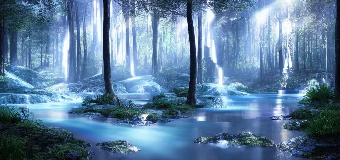 Image similar to beautiful view of a forest waterfall, glowing bubbly water with caustics, dark atmosphere, dappled light, reflections, light rays. refraction, symmetry, cinematic lighting, ultra detailed, sharp, ambient occlusion, bloom, raytracing, by dylan cole, sebastian meyer and jordan grimmer