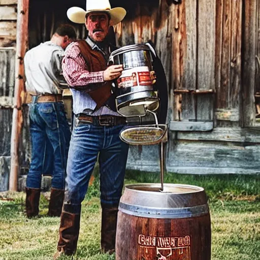 Prompt: A cowboy drinking straight from the beer keg, block party, wild west