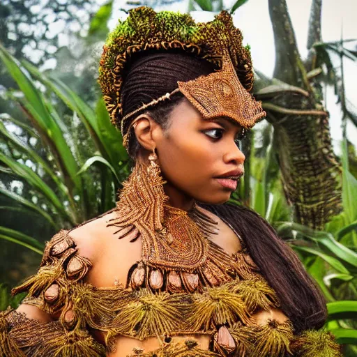 Image similar to a regal brown woman wearing an intricate dewdop armor. very detailed. woman is surrounded by lush green tropical forest. extremely photorealistic.