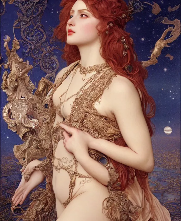 Prompt: the moon goddess, intricate and detailed lace set, suspenders, honey birdette, realistic renaissance portrait, highly detailed, digital painting, artstation, concept art, smooth, sharp focus, cinematic lighting, art by john collier, artgerm and greg rutkowski and alphonse mucha and jacques louis david and john william godward