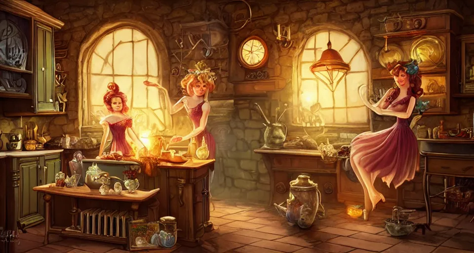 Image similar to a close - up of a fairy in a vintage magical kitchen, with a fireplace in the background d & d, fantasy, intricate, elegant, sticker illustration, artstation, concept art, smooth, sharp focus