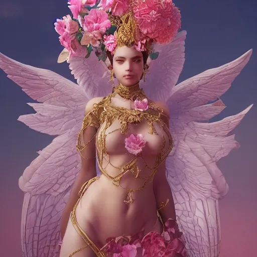 Prompt: expressive full body photo, of beautiful angel, smooth glowing skin, ornate headpiece made from pink flowers, glamour shot, by yoshitaka amano, by greg rutkowski, by jeremyg lipkinng, by artgerm, digital art, octane render, unreal engine, photorealistic, 3 d character