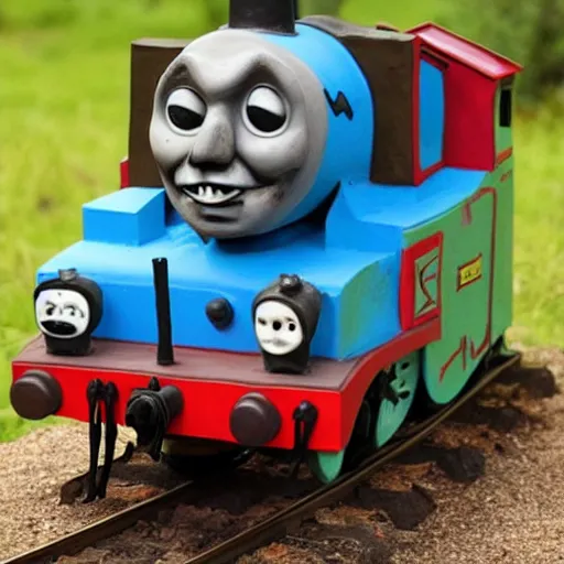 Image similar to thomas the tank engine, zombie, scary, clay sculpture