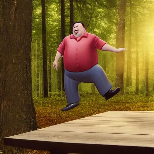 Image similar to fat happy man tap dancing on a table in a forrest, stunning detail, hyperreal rendering, octane render, highly detailed, cinematography atmosphere, dramatic, 4k