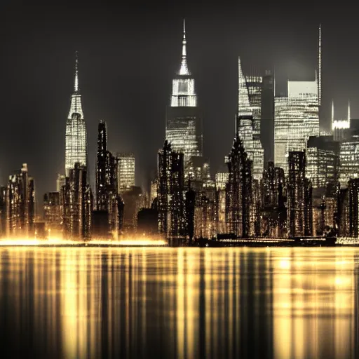 Image similar to The bitcoin signal shines into the clouds over new york city on a dark, foggy night, photo realistic