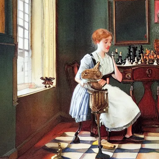 Image similar to a young edwardian woman playing chess against a rabbit in a beautiful victorian living room, in the style of Carl Larsson