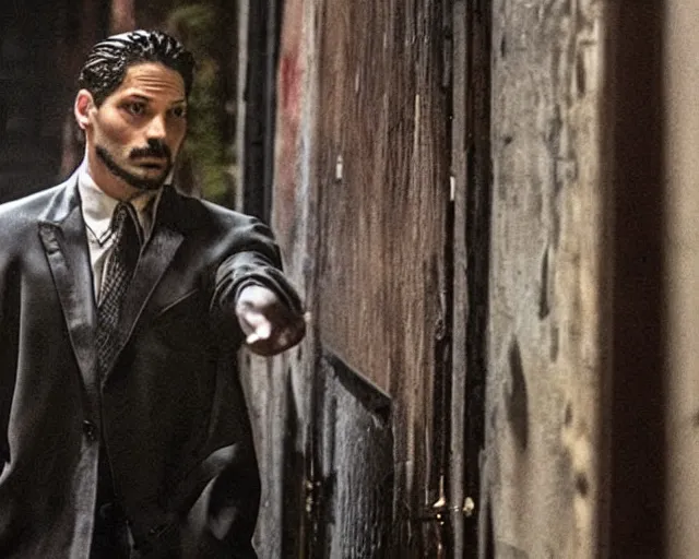 Image similar to in this scene from david chase's hbo miniseries the outfit, a supernatural mafia crime thriller about magical monster - hunting mafiosi in 9 0 s philadelphia, the main character ( joe manganiello ) is confronted in a dark alley by a werewolf. realistic hd 8 k film photography, modern horror cgi vfx.