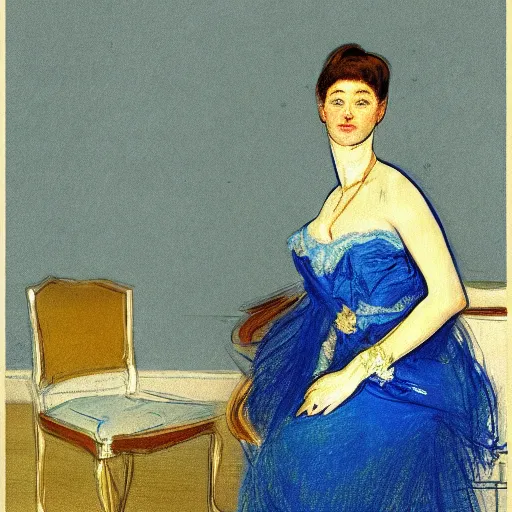 Prompt: a girl in a blue and gold ivory room, film still by goya, by henri de toulouse - lautrec, elegant drawing, digital painting, jugendstil, art noveau, strong lights, flat colors, pastel colors, art history, 8 k