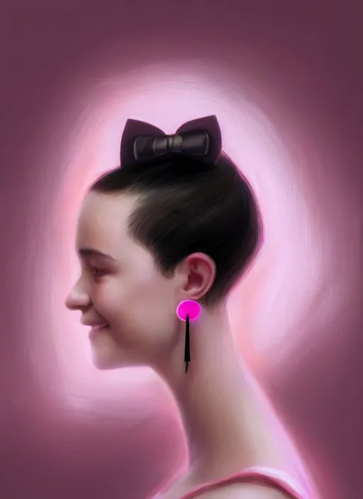 Image similar to portrait of teenage girl, realistic, black hair, bangs, half updo hairstyle, pointy nose, skinny, smile, ugly, defined jawline, big chin, pink hair bow, earrings, intricate, elegant, glowing lights, highly detailed, digital painting, artstation, sharp focus, illustration, art by wlop, mars ravelo and greg rutkowski