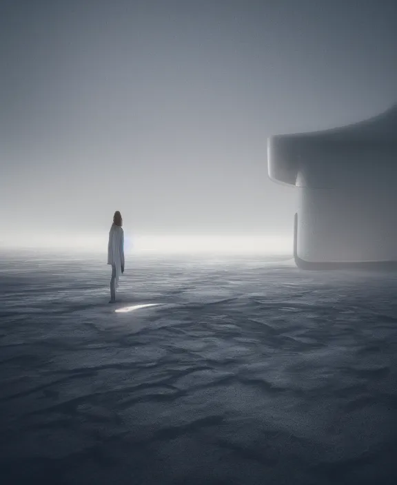 Image similar to surreal exploration, futuristic white architecture in the beach in iceland, foggy, highly detailed, digital painting, arstation, concept art, hyperealistic octane render, unreal engine,