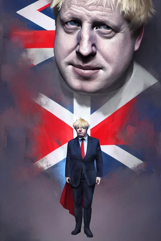 Image similar to Boris Johnson as a superhero with Union Jack flag, portrait, highly detailed, digital painting, artstation, concept art, smooth, sharp focus, soft volumetric lights, illustration, cinematic lighting, art by artgerm and greg rutkowski and alphonse mucha