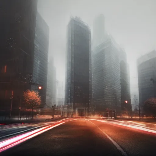 Image similar to gloomy foggy morning city landscape octane render, 8k, high details, cryengine, unreal engine