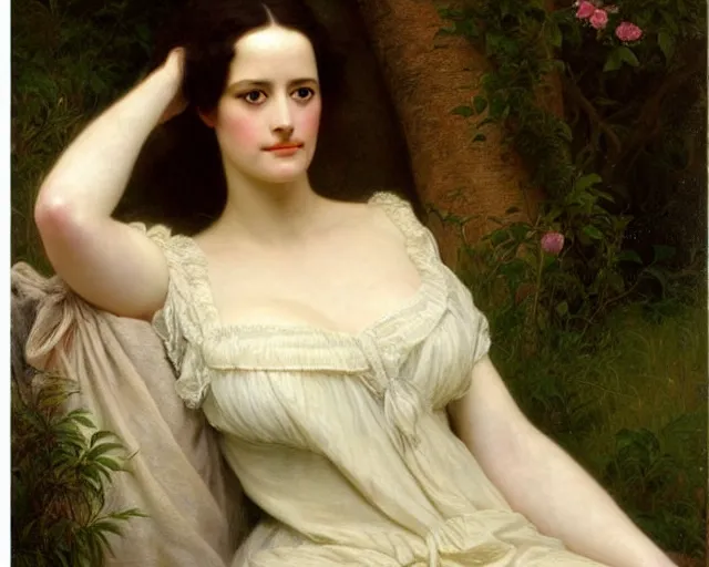 Image similar to portrait en buste of eva green vesper lynd vannessa ives in repose by Hughes Merle, by Pierre Auguste Cot, perfectly detailed eyes, realistic fabric, abundant detail