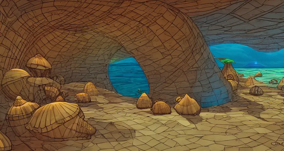 Image similar to giant seashell house in the ocean, by laika, ralph mcquarrie, in the style of zelda windwaker, triadic color scheme, cell shading, 3 d